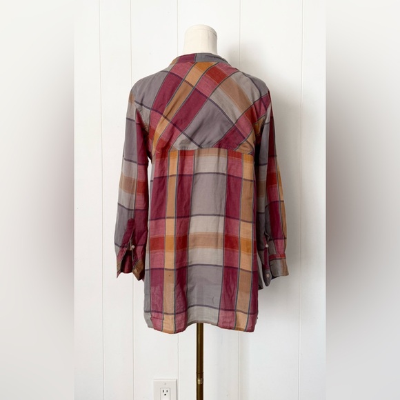 Étoile Isabel Marant Pink Red Orange Plaid Print Crew Neck Blouse - Picture 3 of 7